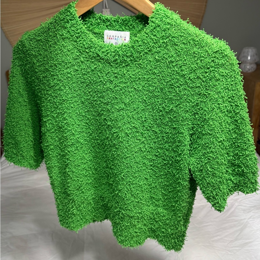 Green Textured Short Sleeve Top